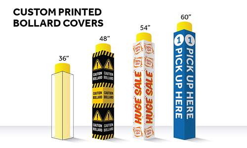 Custom Printed Bollard Covers for Resellers in all four sizes of 36 inches 48 inches 54 inches and 60 inches.